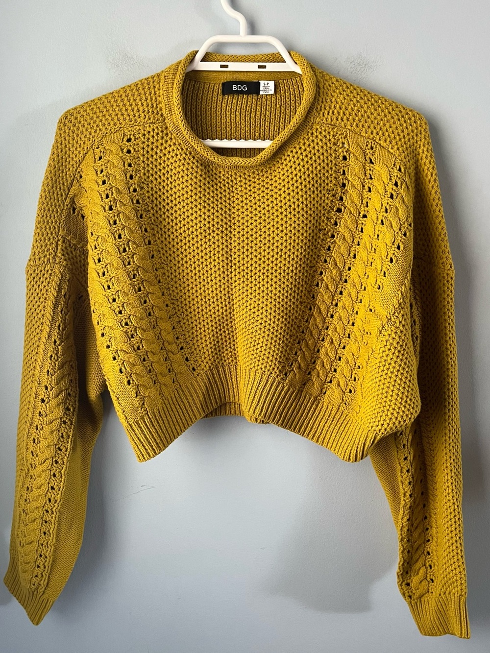 BDG Cropped Mustard Textured Cotton Blend Knit Crewneck Sweater Size S